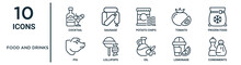 Food And Drinks Outline Icon Set Such As Thin Line Cocktail, Potato Chips, Frozen Food, Lollipops, Lemonade, Condiments, Pig Icons For Report, Presentation, Diagram, Web Design