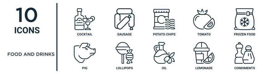food and drinks outline icon set such as thin line cocktail, potato chips, frozen food, lollipops, lemonade, condiments, pig icons for report, presentation, diagram, web design