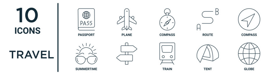 travel outline icon set such as thin line passport, compass, compass, , tent, globe, summertime icons for report, presentation, diagram, web design