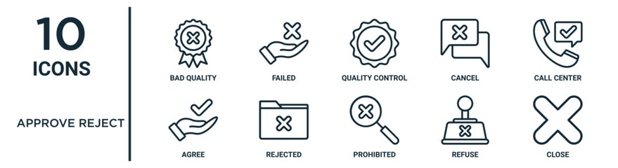 approve reject outline icon set such as thin line bad quality, quality control, call center, rejected, refuse, close, agree icons for report, presentation, diagram, web design