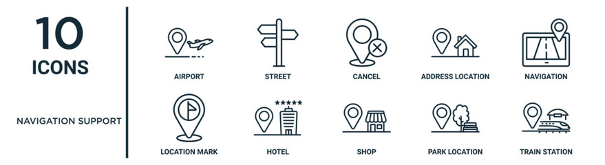 navigation support outline icon set such as thin line airport, cancel, navigation, hotel, park location, train station, location mark icons for report, presentation, diagram, web design