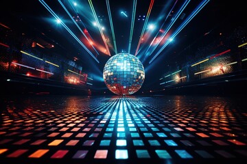 Sticker - disco ball with bright colored lights. club party.