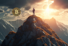 The Man Standing On A Mountain Peak, Symbolizing The Soaring Value Of Bitcoin, With The Coin In Hand 