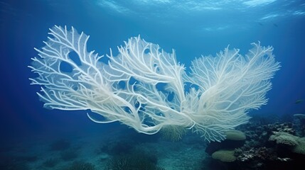 Poster - Sea fan and coral reef. Marine life, close up underwater background, exotic underwater landscape. AI illustration.