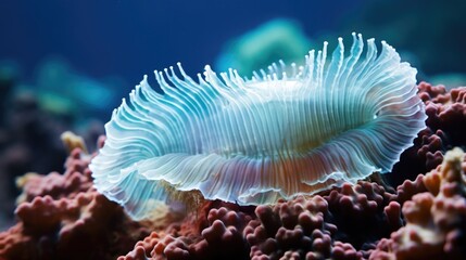 Sticker - Sea fan and coral reef. Marine life, close up underwater background, exotic underwater landscape. AI illustration.