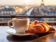 Breakfast table with coffee and bread croissant on a balcony against the backdrop of the big city.