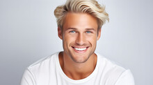 A Closeup Photo Portrait Of A Handsome Blonde Scandinavian Man Smiling With Clean Teeth. For A Dental Ad. Guy With Fresh Stylish Hair With Strong Jawline. Isolated On White Background.