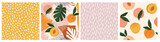 Fototapeta Dinusie - Collage contemporary peach, leaves and polka dot shapes seamless pattern set.