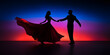 Silhouette Dancing Couple. Vibrant Color Dance. Elegant Passion. Sunrise Blue Red Copy Space Background Banner
