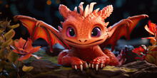 Adorable Baby Dragon With Red Scales, Wings, And Horns.