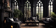 A gothic living room design with shades of black and dark colors