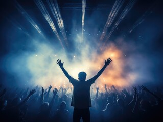 Wall Mural - Generative AI image of back view of anonymous male fan looking away while standing above rest of unrecognizable audience showing open raised hands and encouraging artists in live concert