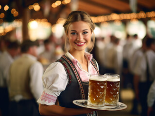 Wall Mural - Oktoberfest waitress, wearing a traditional Bavarian dress, serving beers. German traditional festival or bier fest. Shallow field of view