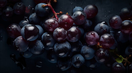 Close-up of black grapes with water drops on dark background. Fruit wallpaper