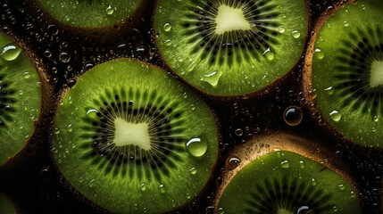 Close-up of kiwi with water drops on dark background. Fruit wallpaper