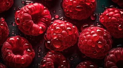 Close-up of raspberries with water drops on dark background. Fruit wallpaper