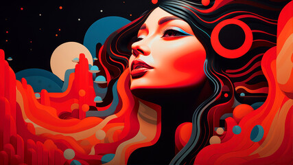 Wall Mural - Fashion illustration of a beautiful woman in a futuristic city. Vector illustration. bold graphic illustration