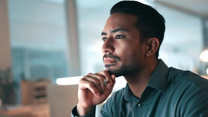 Poster - Planning, thinking and business man at night online for information, research and website. Doubt, ideas and male person with pen working on project, problem solving and brainstorming in dark office