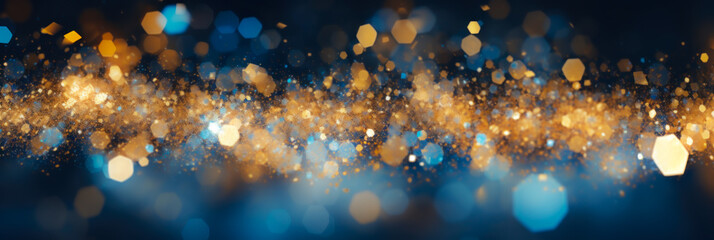 Wall Mural - Abstract blue and gold particles background. Backdrop of blurry glitter lights.