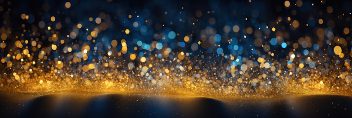 Wall Mural - Abstract blue and gold particles background. Backdrop of blurry glitter lights.
