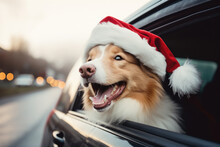 A Happy Dog Wearing A Santa Claus Hat Leaning Out Of A Car Window. Christmas Journey Of Friendly Pet.