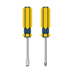 Poster - Slotted screwdriver, phillips screwdriver. Yellow professional tool isolated on white background. Home craftsman's tool. Vector illustration flat design.