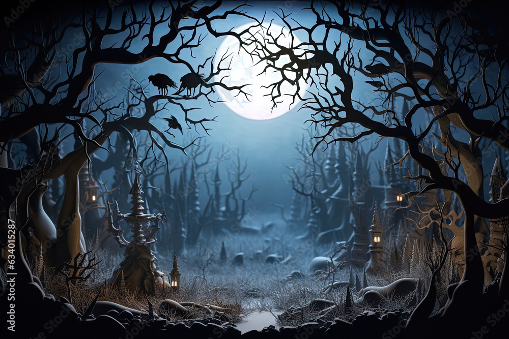 Moonlit forest, twisted trees cast eerie shadows and mystical creatures ...