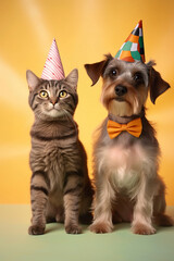 Wall Mural - Whimsical cat and dog dressed in funny party attire, showcasing their charismatic personalities against a lively and colorful background, making for an enchanting visual experience.