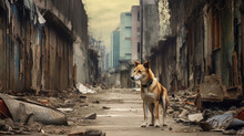 Distopic Image Of An Abandoned Dog, Al Alley Dog In A Urban Street 