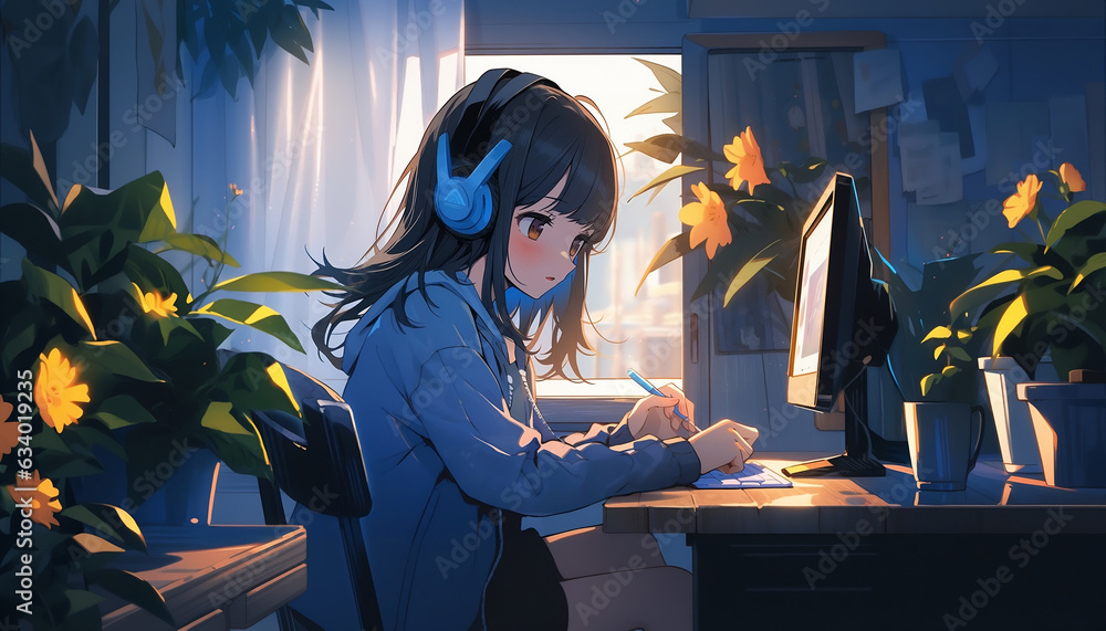 anime girl engrossed in playing video game. Sunny outside, beautiful