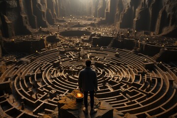 Amidst the Enigma: A Captivating Aerial Perspective of a Person Navigating a Maze on Their Life's Journey Generative AI	
