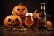 A festive table with a variety of beer bottles and pumpkins
