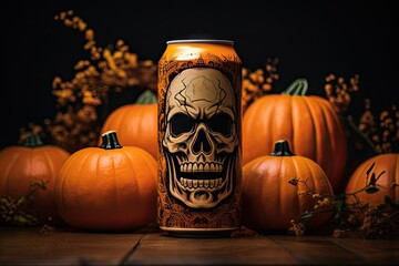 A beer can with a skull design