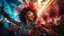 Group Of Brazilian Samba Dancers, Vibrant Feathers, Sequins, Energetic Movement, Street Parade, Rio De Janeiro, Carnival Atmosphere, Wide Shot, Nighttime, Street