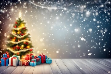 christmas tree and gifts scene, christmas card or flyer