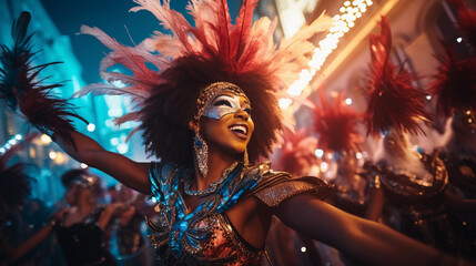 Wall Mural - Group of Brazilian Samba dancers, vibrant feathers, sequins, energetic movement, street parade, Rio de Janeiro, Carnival atmosphere, wide shot, nighttime, street