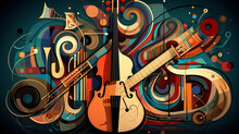 Music Harmony: Abstract Illustration Of Musical Instruments From Around The World, Interlaced Into A Harmonious And Rhythmic Design, Rich With Textures And Bright Colors