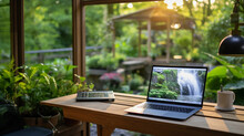Remote Work Setup Amidst A Lush Garden, Visible Greenery And Wildlife In The Background, Dreamy Pastel Tones, Impressionist Painting Style