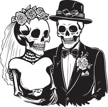Skull Wedding, Skeleton Wedding, Halloween Wedding, Bride And Groom, Wedding, New Family Vector Illustration, SVG	