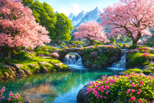 Paradise Landscape With Beautiful  Gardens, Waterfalls And Flowers, Magical Idyllic Background With Many Flowers In Eden.