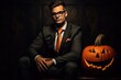 A man in a suit and tie sitting next to a pumpkin