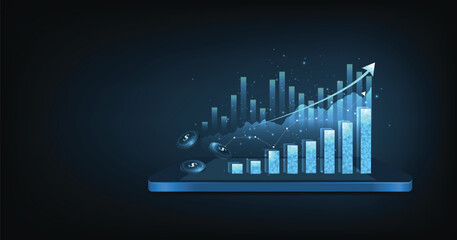 Aufkleber - Business investment and graph arrow up growth on blue dark background. Business chart with rising and uptrend line graph.trading stock market concept.Vector illustration.	