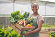 © Davids C/peopleimages.com - Woman, farmer and vegetables in greenhouse for agriculture, agro business and growth or product in box. Portrait of African worker with harvest, gardening and food, carrot or lettuce in basket