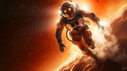 Wall Mural - Astronaut running from the Martian storm, Generative AI