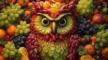 A Closeup View Of A Cute And Colorful Owl With A Lot Of Fruits On A Dark Background Generative AI, AI Generated