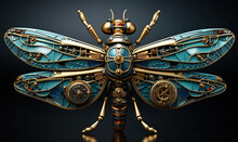Beautiful Mechanical Dragonfly, Steampunk Animal, 3d Illustration.