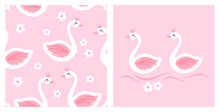 Seamless Pattern With Cute Swan Cartoons And White Flower On Pink Background Vector Illustration.