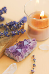 Amethyst, candle and lavender still life