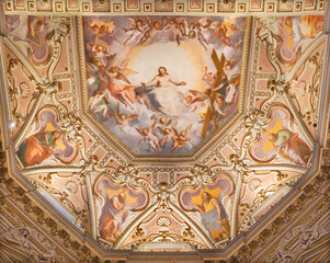 Wall Mural - GENOVA, ITALY - MARCH 6, 2023: The ceiling fresco of Jesus as the Judge amng the angels and symbols of Crucifixion in the church Chiesa di Santa Caterina by Giovan Battista Castello (1509 - 1569).