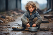 Poor Homeless Kid Begging For Help And Food. 